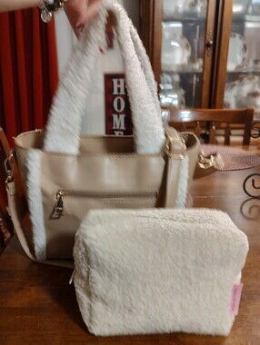 Cream Sherpa Trim Tote Handbag with Matching Pouch